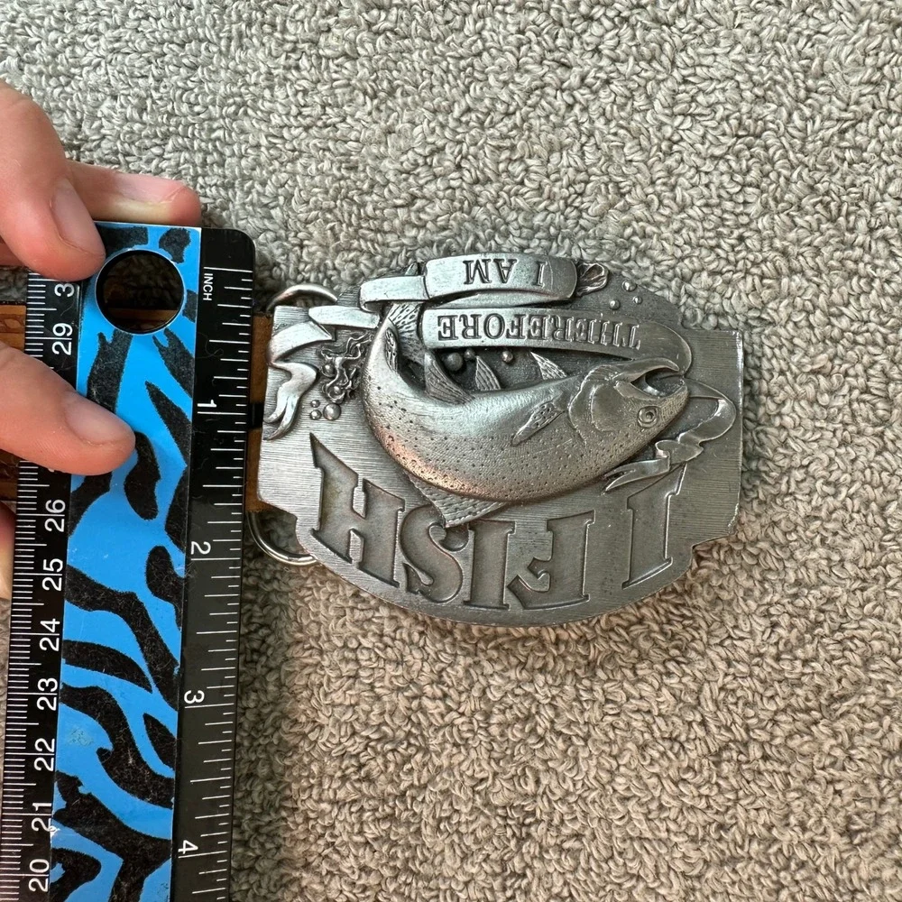 Siskiyou 1992 I Fish Therefore I Am Pewter Buckle JM Leather Floral Belt 42